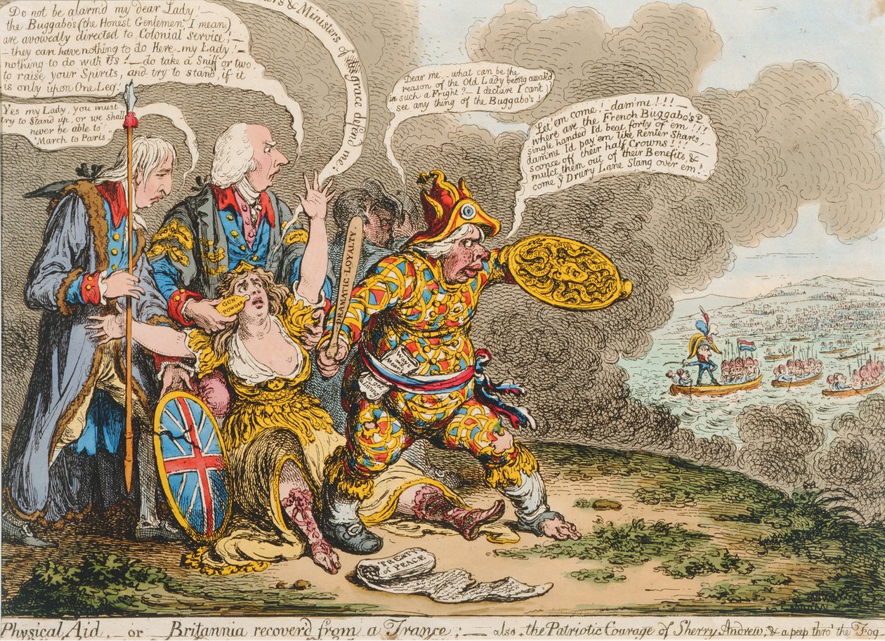 Physical Aid, eller Britannia återhämtat sig från en trans: även The Patriotic Courage of Sherry Andrews und a Peep into the Fog, publicerad av Hannah Humphrey 1803 (handfärgad etsning) av James Gillray