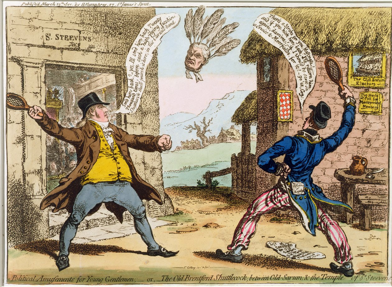 Political Amusements for Young Gentlemen, or The Old Brentford Shuttlecock, between Old Sarum und the Temple of St. Steevens, utgiven av Hannah Humphrey 1801 (handkolorerad etsning) av James Gillray