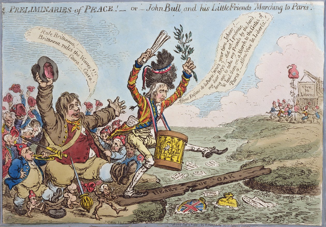 Preliminaries of Peace, eller John Bull and his Little Friends Marching to Paris, publicerad av Hannah Humphrey 1801 (handfärgad etsning) av James Gillray
