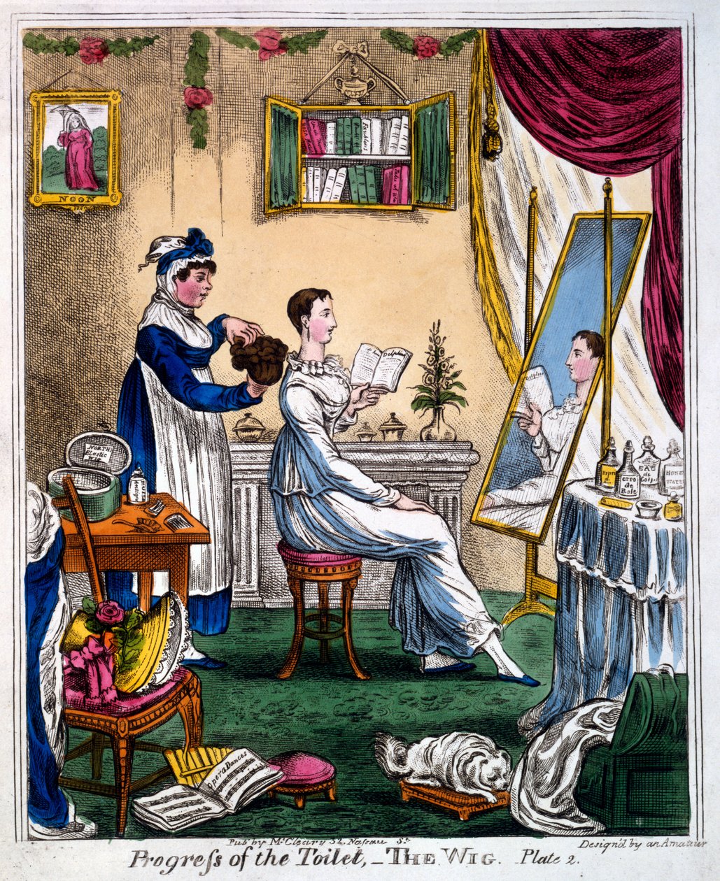 Toalettens framsteg - Peruken, början av 1800-talet (handkolorerat gravyr) av James Gillray