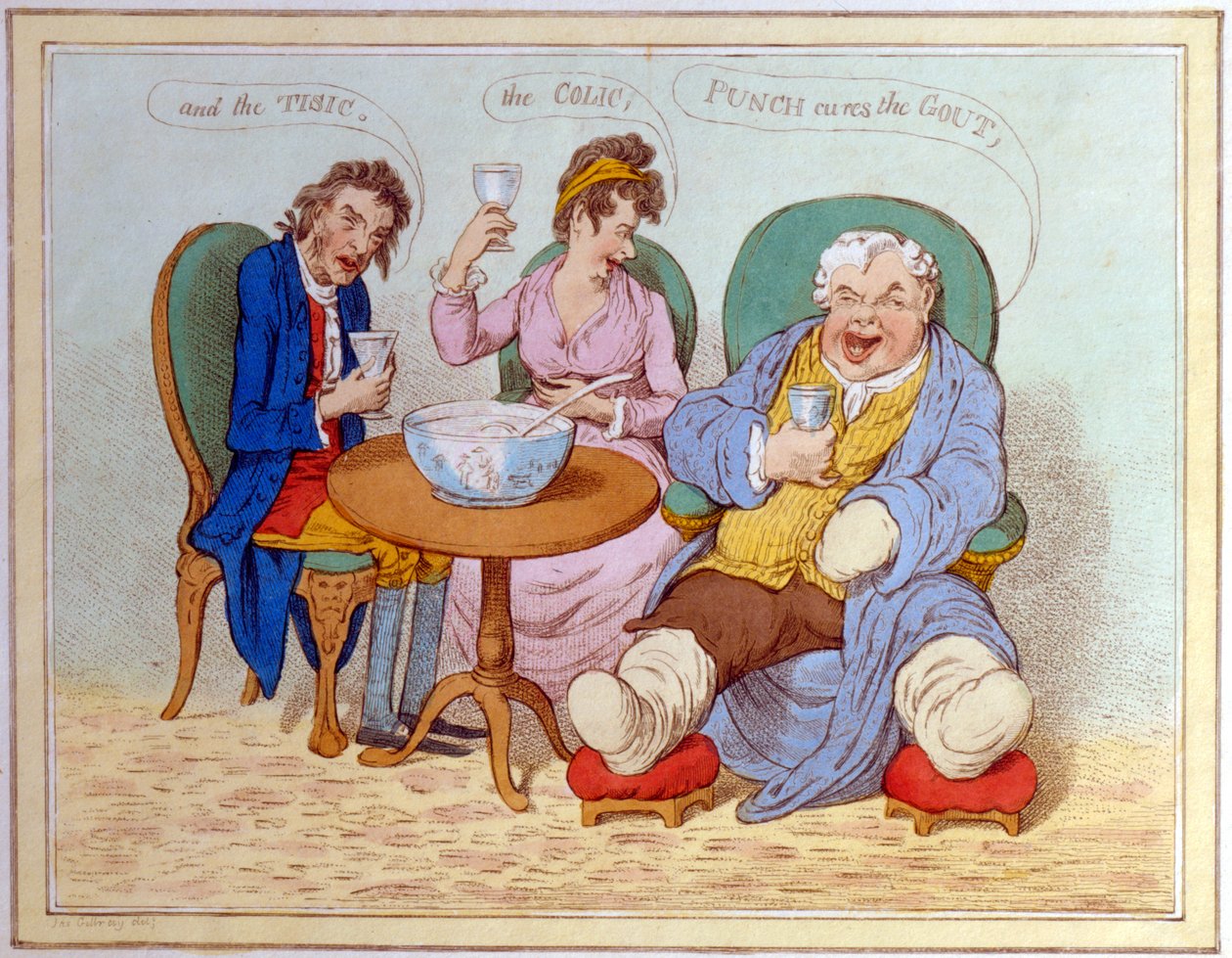 Punsch botar gikt, kolik och tisik (färgad etsning) av James Gillray