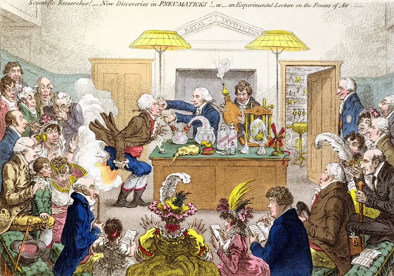 Vetenskapliga undersökningar! Nya upptäckter i PNEUMATICKS! eller En experimentell föreläsning om luftens krafter, tecknad serie av en föreläsning vid Royal Institution som visar effekterna av lustgas (nitro av James Gillray
