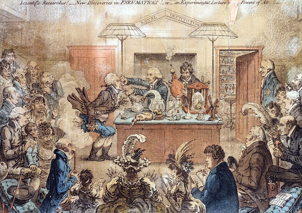 Vetenskapliga undersökningar! New Discoveries in PNEUMATICKS! or An Experimental Lecture on the Powers of Air, teckning av en föreläsning vid Royal Institution där effekterna av skrattgas (nitro) demonstrerades. av James Gillray