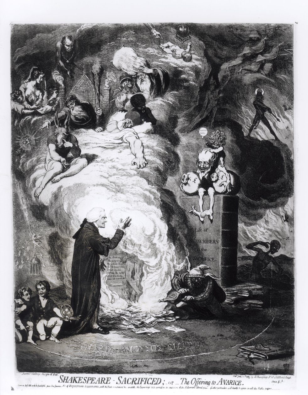 Shakespeare Sacrificed, eller The Offering to Avarice, publicerad 1789 av James Gillray