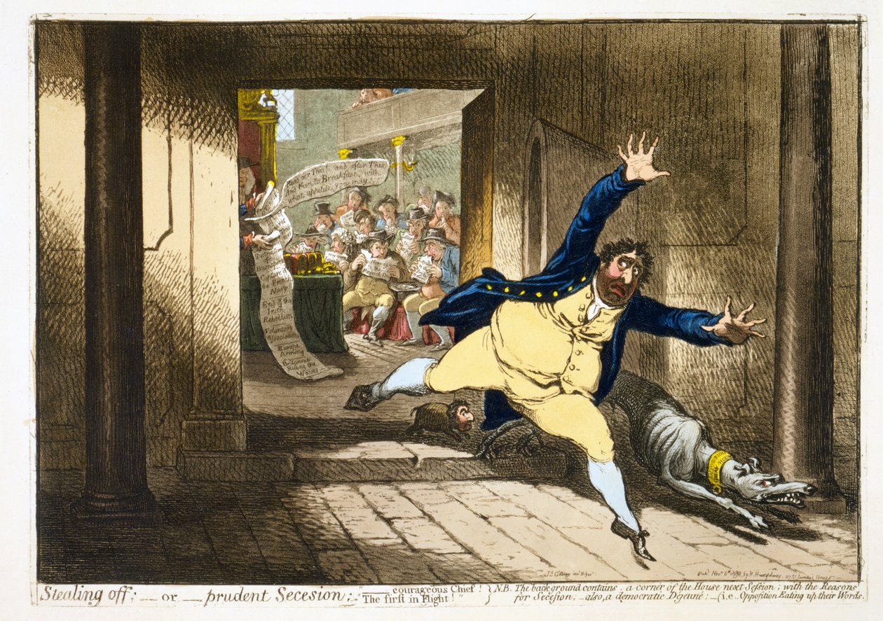 Att stjäla; - eller - prudent Secession, pub. 1798 (handfärgad gravyr) av James Gillray