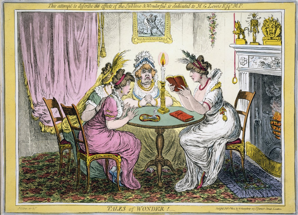 Tales of Wonder! Detta försök att beskriva effekterna av Sublime and Wonderful är tillägnat MG Lewis Esq MP, pub. H Humprey, London, 1802 (handfärgad gravyr) av James Gillray