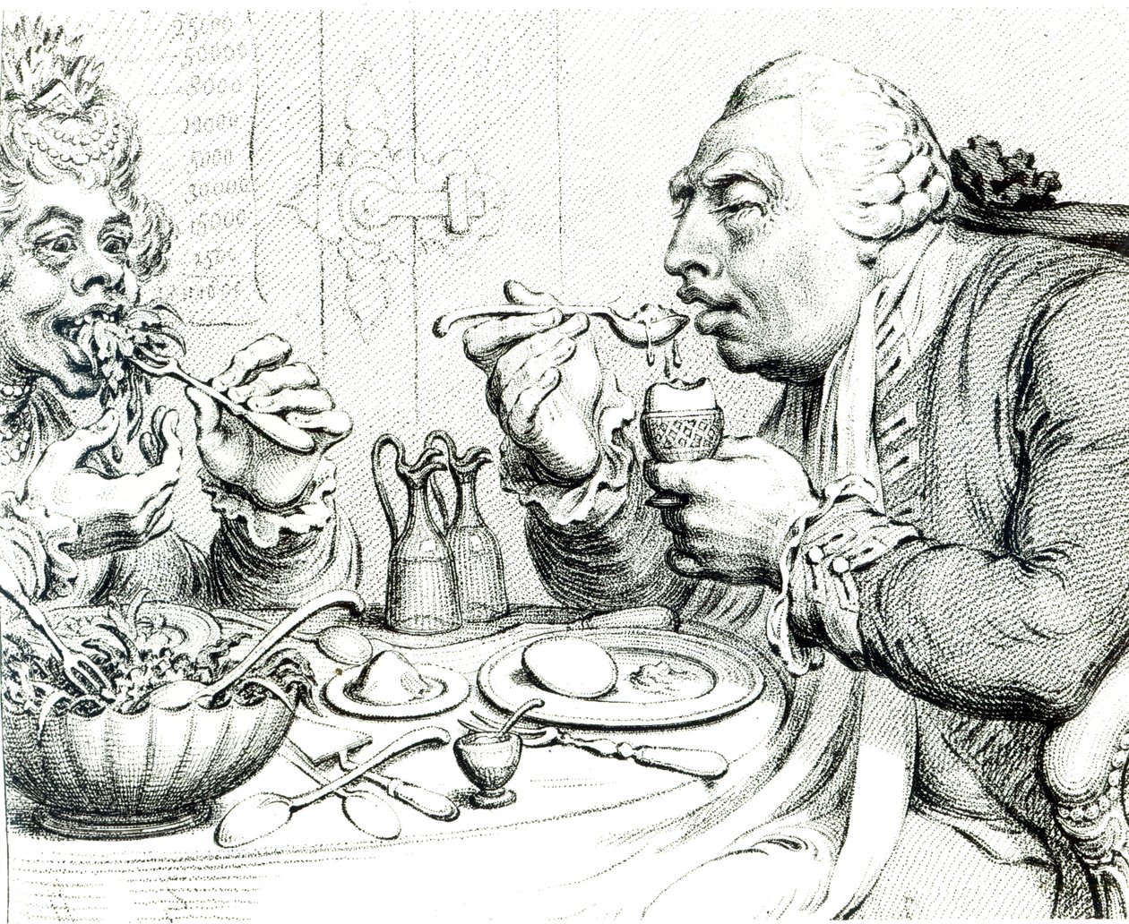 Temperance Njuter av en sparsam måltid, karikatyr av George III och drottning Charlotte (bw print) av James Gillray
