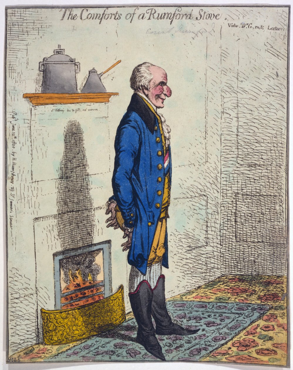Bekvämligheterna med en Rumford Stove, pub. 1800 (handkolorerad gravyr) av James Gillray