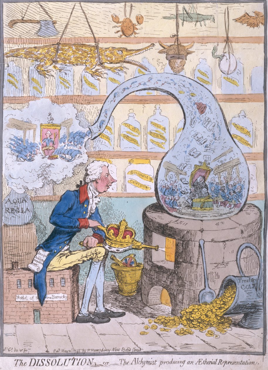 The Dissolution, or the Alchymist producerar en eterisk representation, publicerad av Hannah Humphrey 1796 (handfärgad etsning) av James Gillray