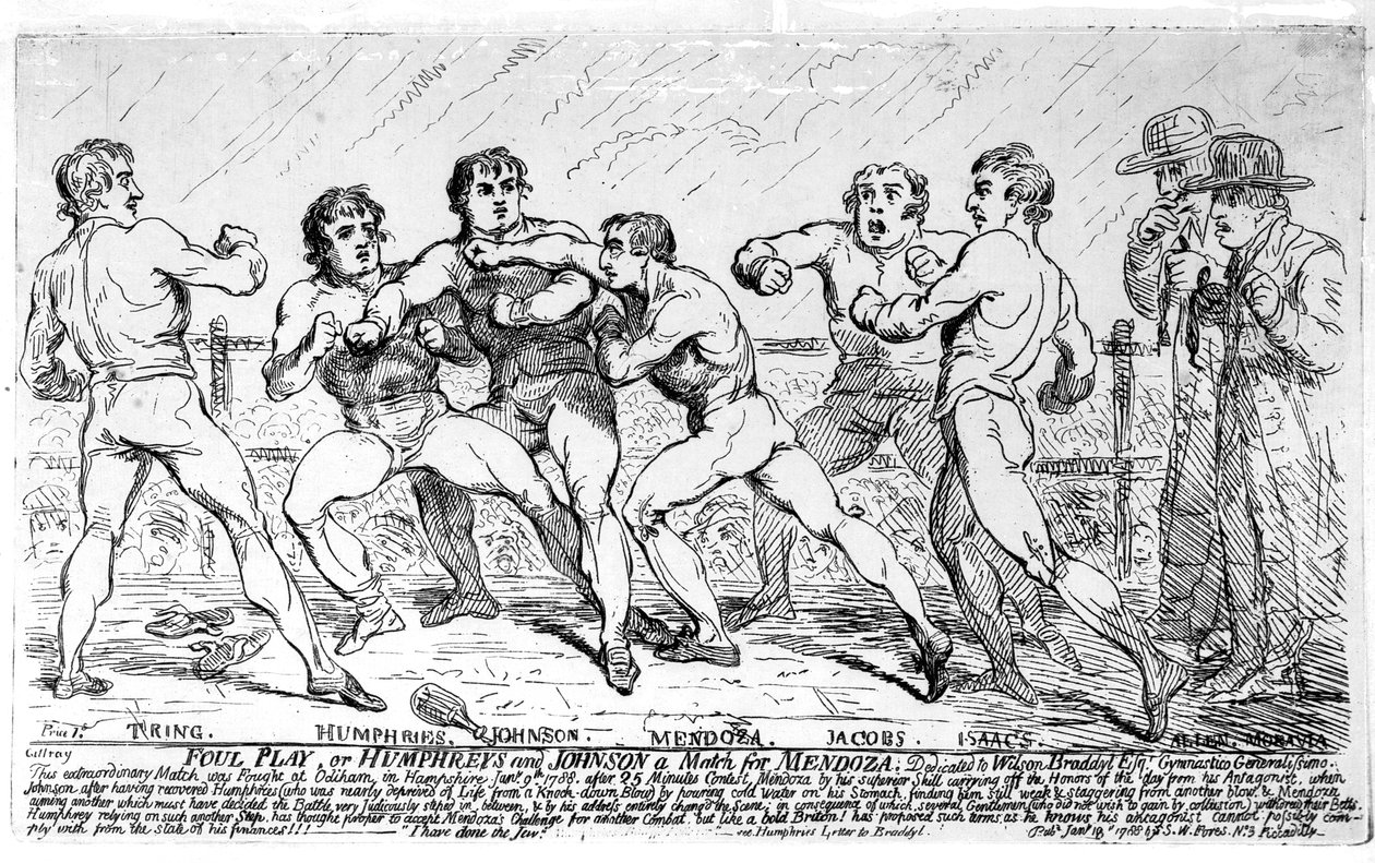 Den berömda striden mellan Richard Humphreys och Daniel Mendoza, 9 januari 1788 av James Gillray