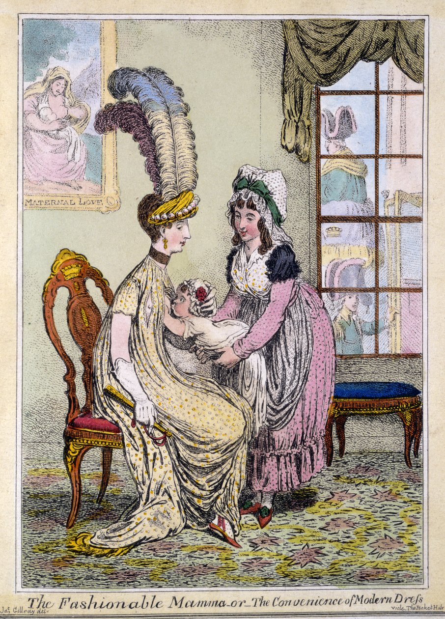 The Fashionable Mamma, eller The Convenience of Modern Dress, pub. London 1796 (handfärgad gravyr) av James Gillray