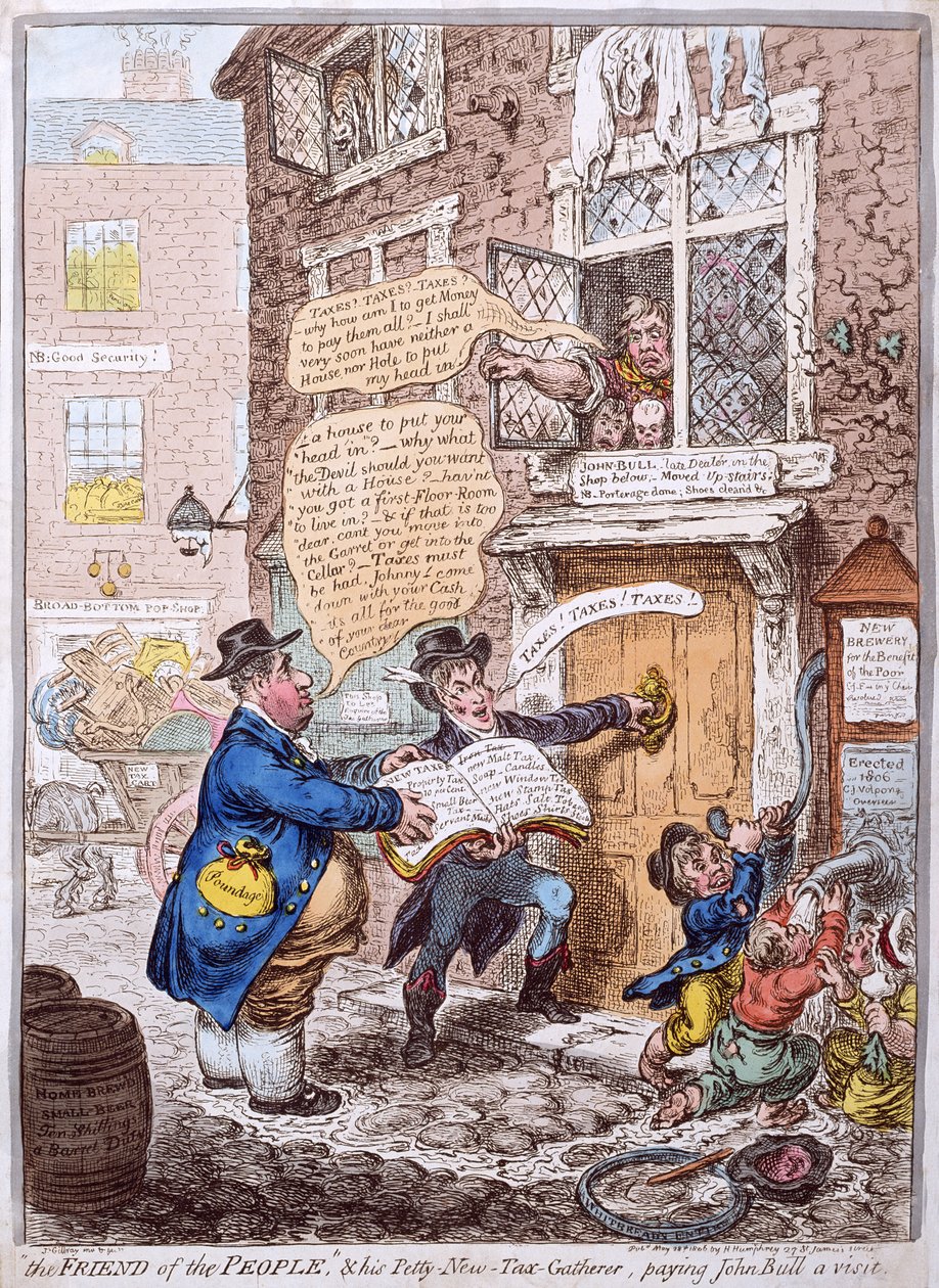"The Friend of the People" och hans Petty New Tax Gatherer, som besökte John Bull, publicerad av Hannah Humphrey 1806 (handfärgad etsning) av James Gillray