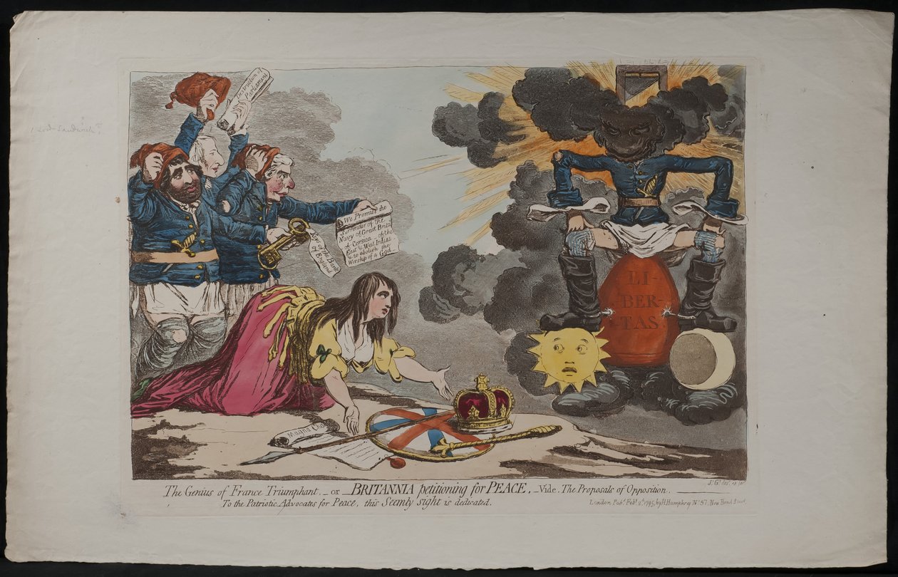 The Genius of France Triumphant – eller – Britannia vädjar om fred, Vide. Oppositionens förslag, 1795 av James Gillray