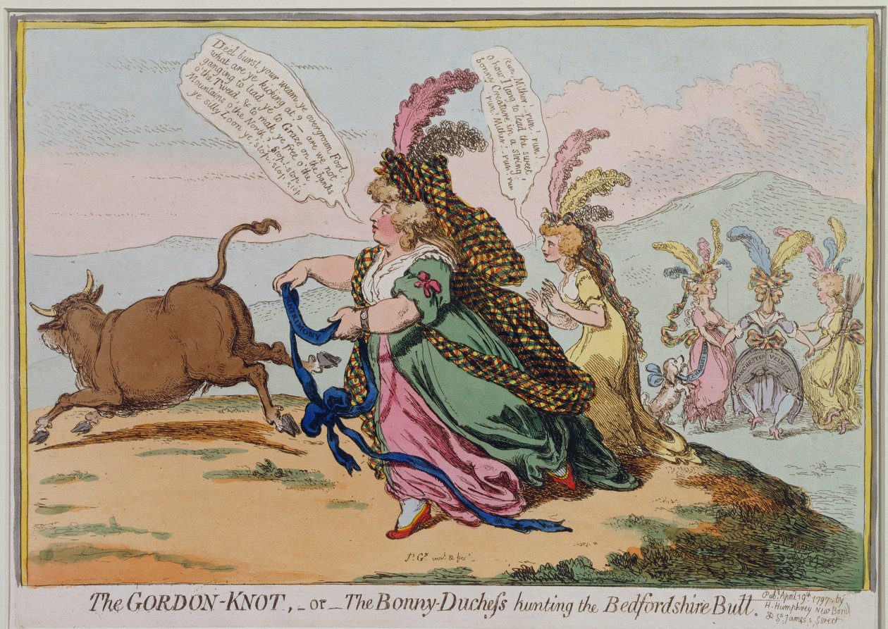 Gordon-Knuten, eller The Bonny Duchess jagar Bedford Bull, publicerad av Hannah Humphrey 1797 (handfärgad etsning) av James Gillray