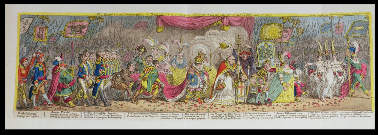 Den stora kröningsprocessen av Napoleon, den första kejsaren av Frankrike, från kyrkan Notre-Dame, 2 december 1804, publicerad 1805 (etsning, gravyr och akvatint) av James Gillray