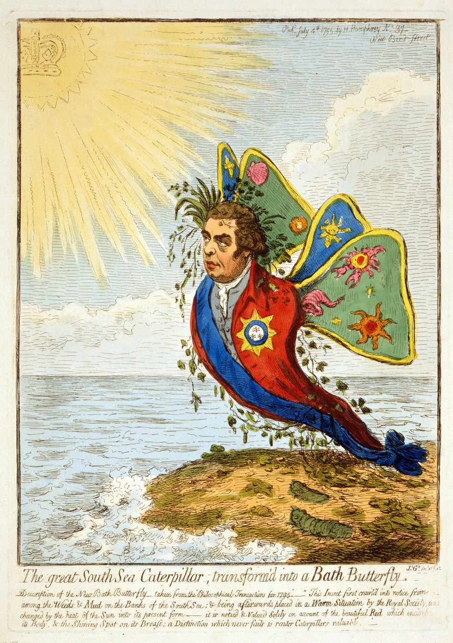 Den stora sydhavslarven, förvandlad till en badfjäril, 1795 (handkolorerad gravyr) av James Gillray