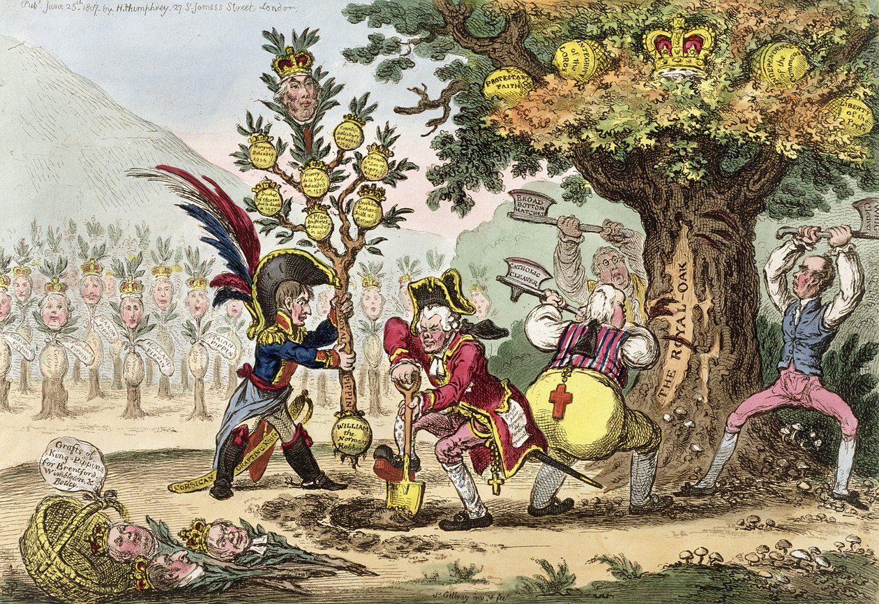 The New Dynasty, eller The Little Corsican Gardiner planting a Royal Pippin Tree, publicerad av Hannah Humphrey 1807 (handfärgad etsning) av James Gillray