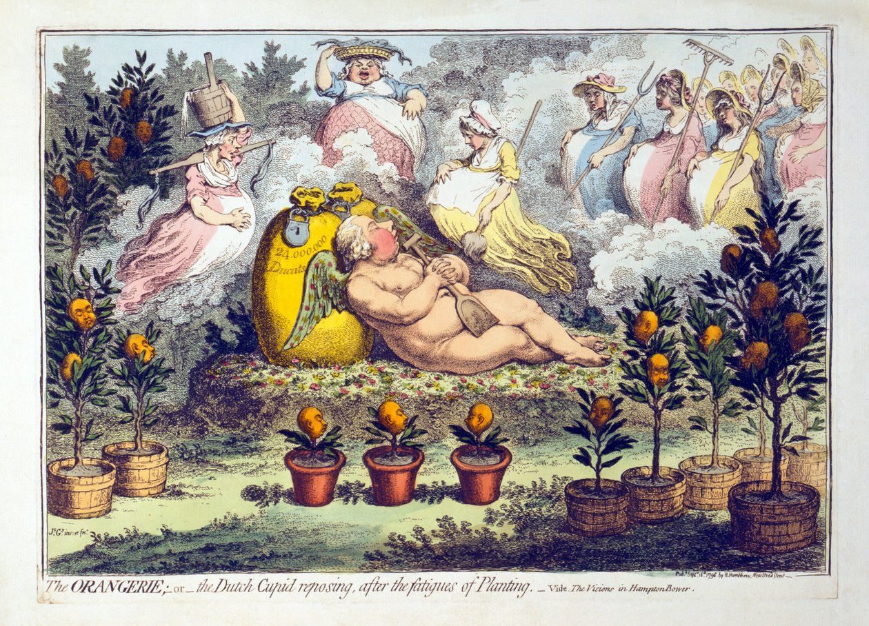 Orangeriet - eller - Den holländska amor som vilar efter planteringens trötthet, publicerad 1796 (handkolorerad gravyr) av James Gillray