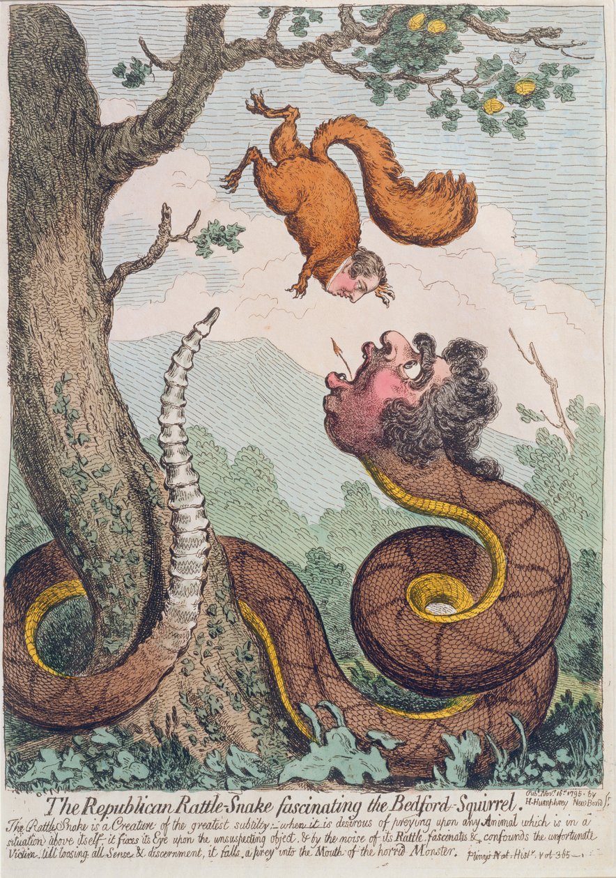 The Republican Rattle-snake fascinating the Bedford Squirrel, utgiven av Hannah Humphrey 1795 (handkolorerad etsning) av James Gillray