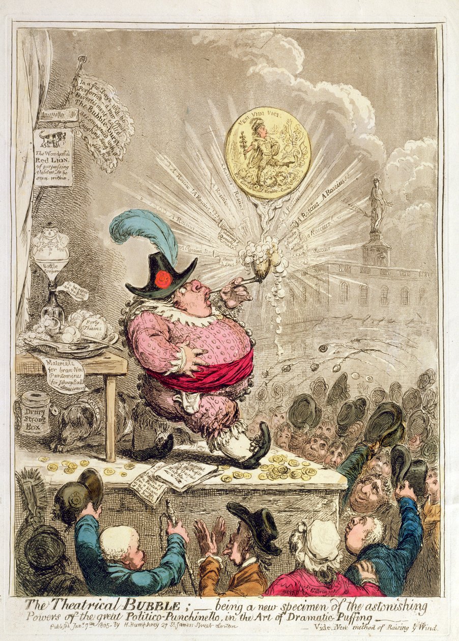 Theatrical Bubble: att vara ett nytt exemplar av häpnadsväckande krafter i den stora Politico-Punchinello, in the Art of Dramatic-Puffing, publicerad av Hannah Humphrey 1805 (handfärgad etsning och aquat) av James Gillray