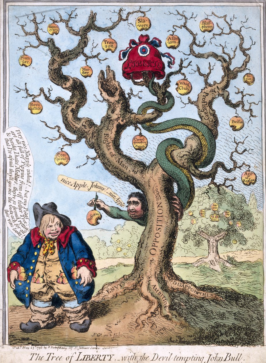 Frihetens träd med djävulen som frestar John Bull, pub. av Hannah Humphrey, 1798 av James Gillray