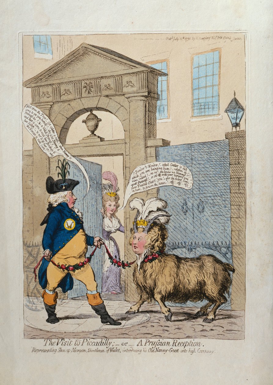 Besöket på Piccadilly, eller en preussisk mottagning, publicerad av Hannah Humphrey 1793 (handfärgad etsning) av James Gillray