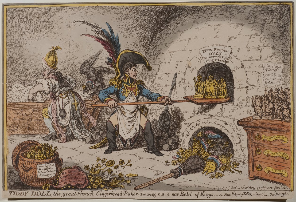 Tiddy-Doll, den store franska pepparkaksbagaren, drar fram en ny sats kungar, 1806 av James Gillray