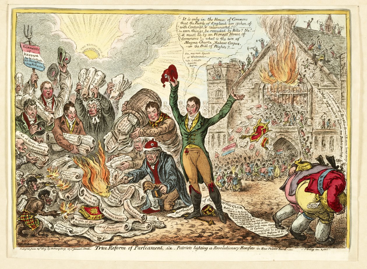 True Reform of Parliament, d.v.s. Patriots tänder en revolutionär brasa i New Palace Yard, pub. Hannah Humphrey, 1809 (handfärgad gravyr) av James Gillray