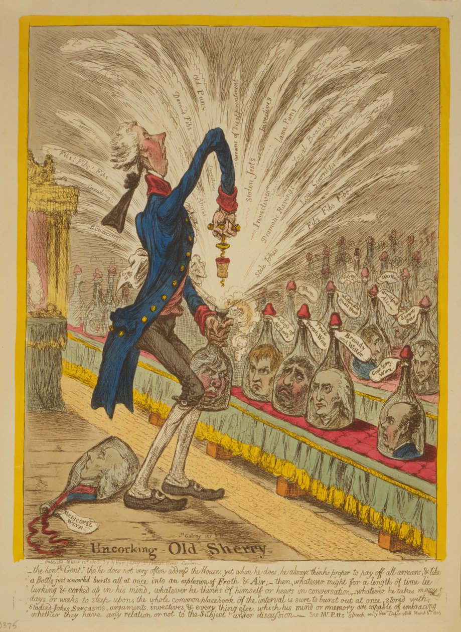 Uncorking Old Sherry, 1805 (handfärgad etsning) av James Gillray