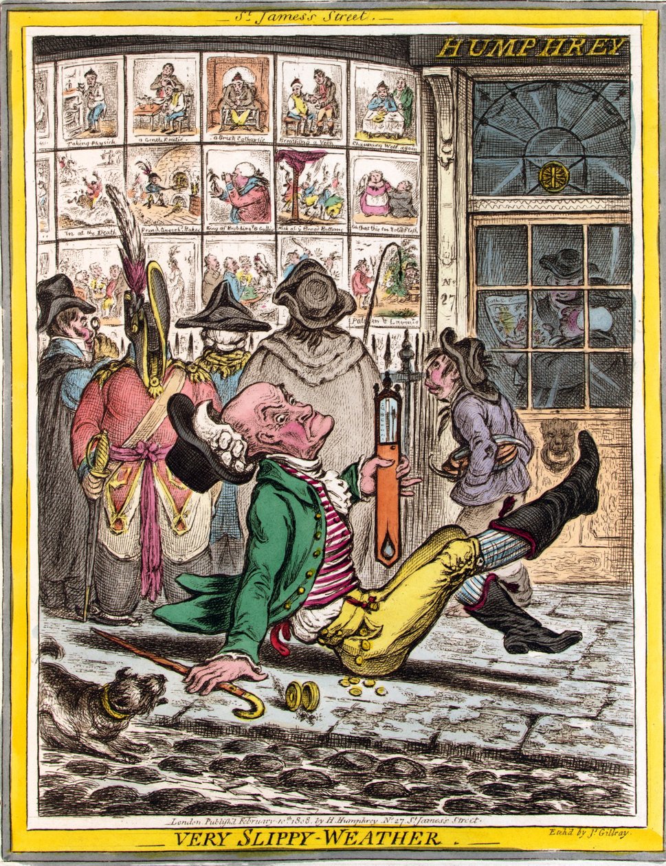 Mycket halt väder, pub. 1808 (handkolorerad gravyr) av James Gillray
