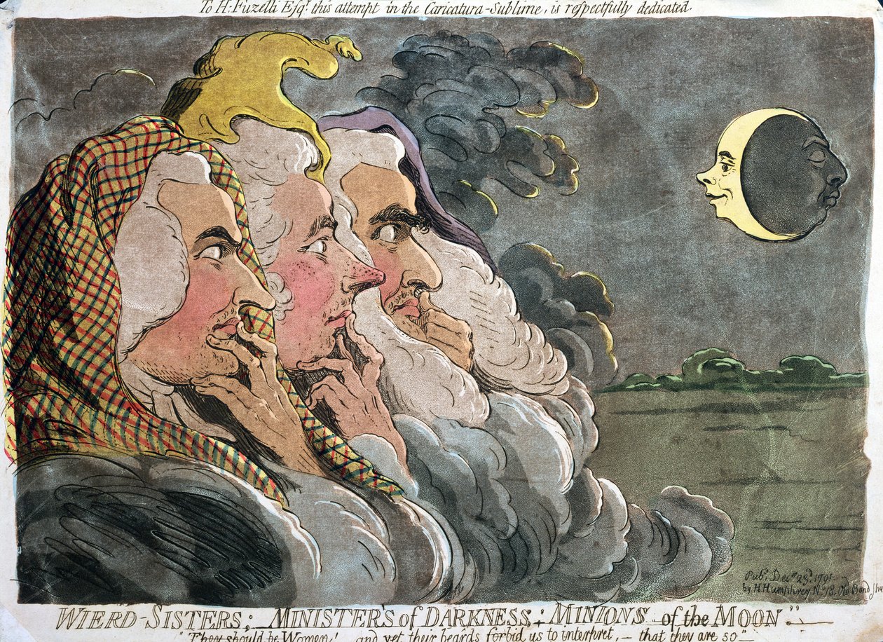 Konstiga systrar; Mörkrets ministrar; Minions of the Moon, publicerad av Hannah Humphrey, 1791 (etsning med akvatint) av James Gillray