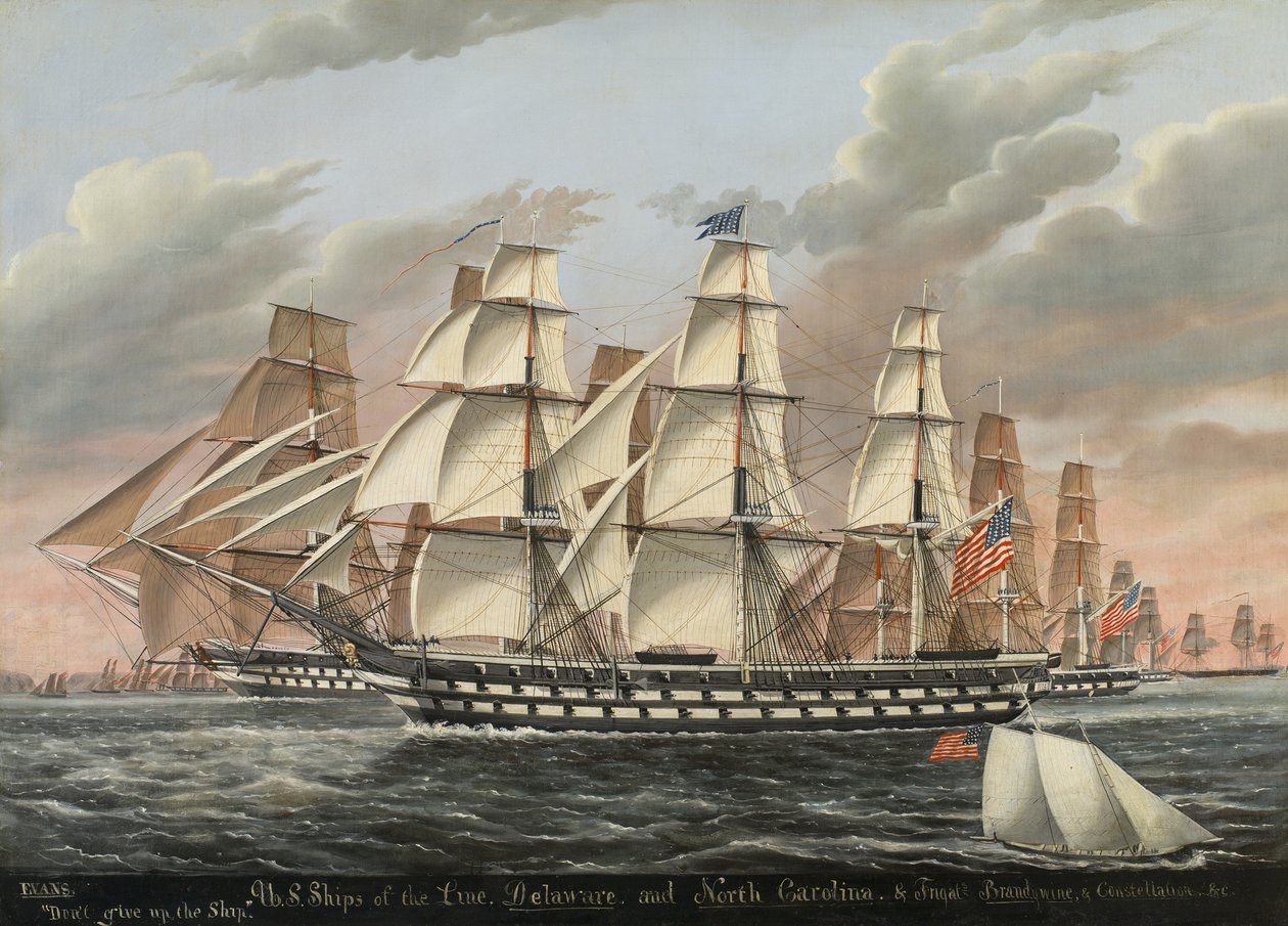U.S.S. Ships-of-the-Line och fregatter Delaware och North Carolina, Brandywine och Constellation, 1848 av James Guy Evans