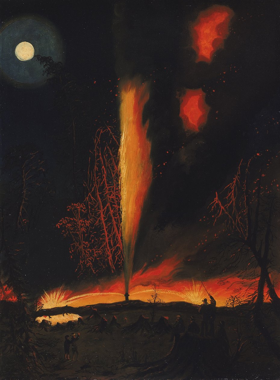Brinnande oljebrunn på natten, nära Rouseville, Pennsylvania av James Hamilton