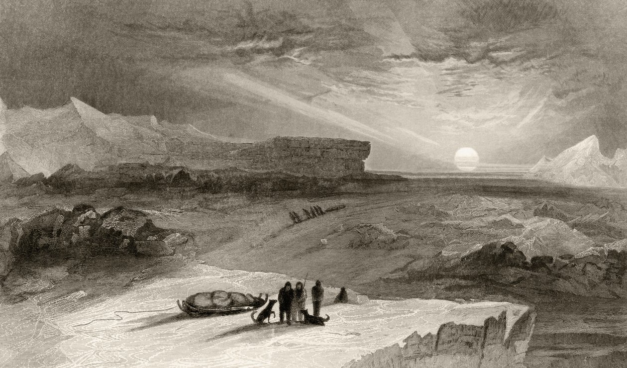Utsikten från Cape George Russell, graverad av R. Hinshelwood, från "Arctic Explorations in the Years 1853, 54, 55", Volume I, av doktor Elisha Kent Kane (1820-57), publicerad i Philadelphia 1856 (li av James Hamilton