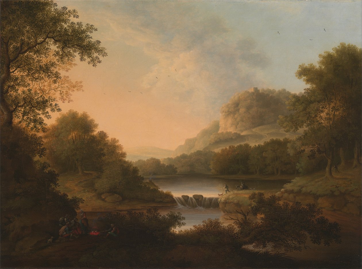 Figurer med en åsna och en hund som korsar en kanal av James Lambert  of Lewes