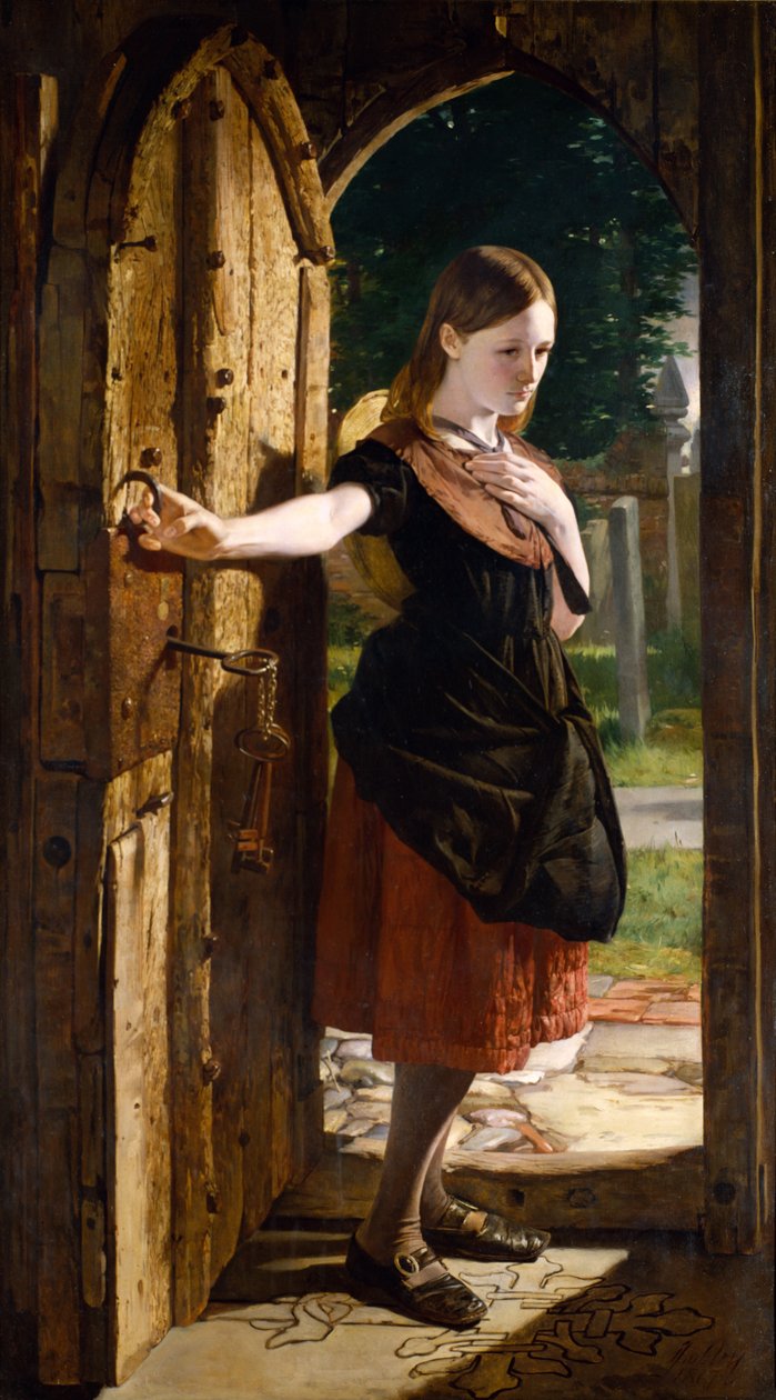 Little Nell lämnar kyrkan, från "The Old Curiosity Shop" av Dickens, 1867 av James Lobley