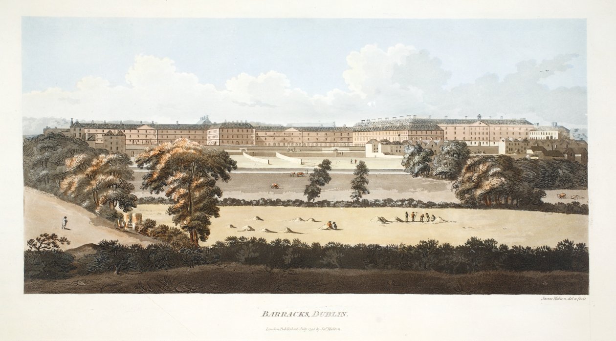 Barracks, Dublin (handfärgad gravyr) av James Malton