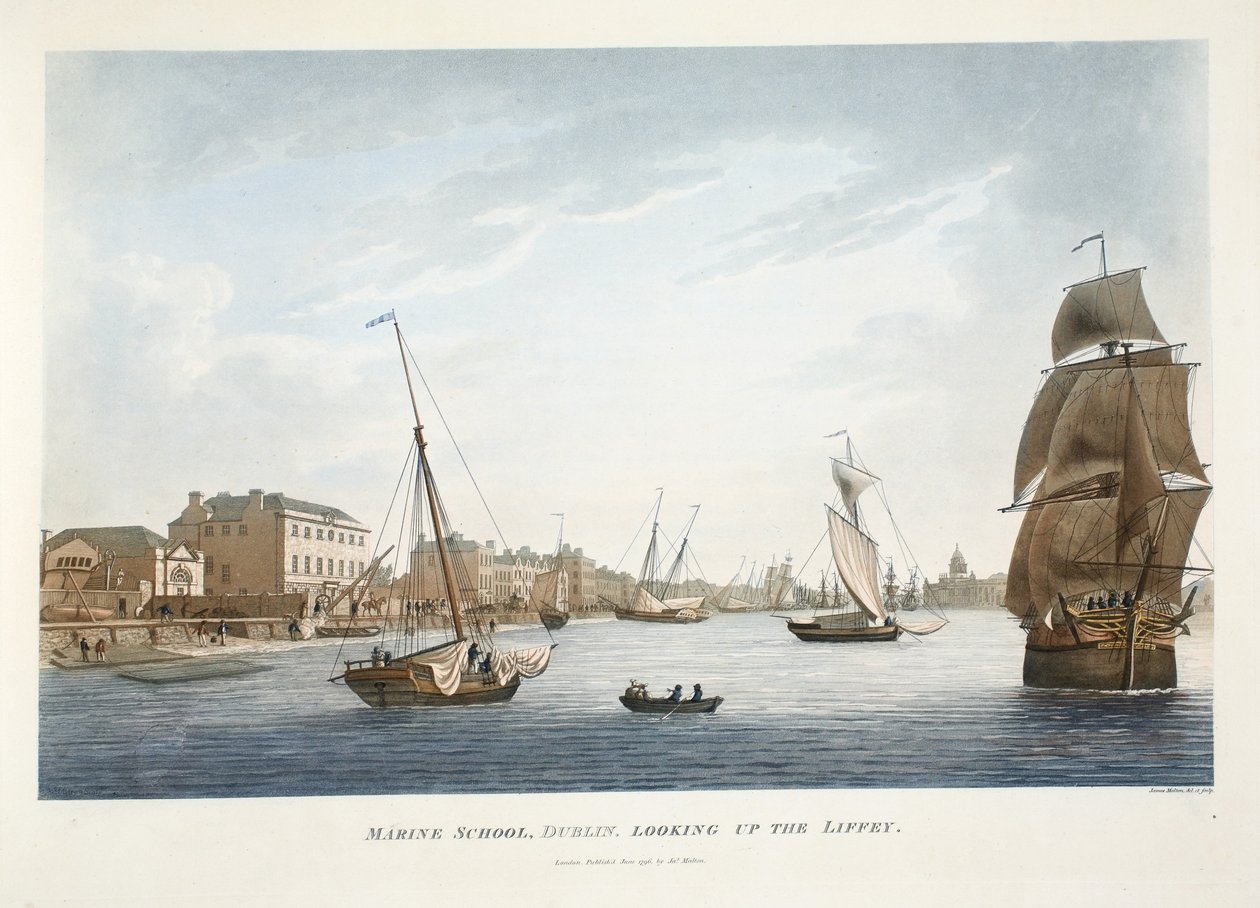 Marine School, Dublin, med utsikt över Liffey, 1796 (handkolorerat gravyr) av James Malton