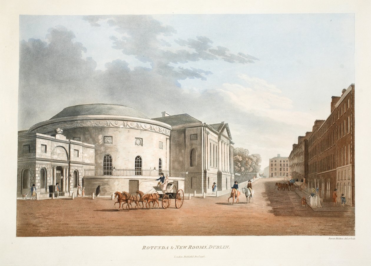 Rotunda und New Rooms, Dublin, 1795 (handkolorerad gravyr) av James Malton