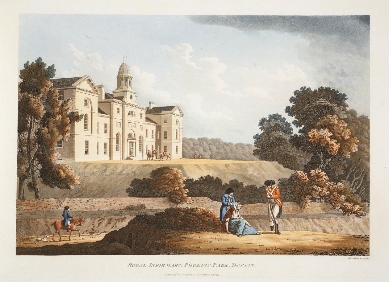 Royal Infirmary, Phoenix Park, Dublin, 1794 (handfärgad gravyr) av James Malton
