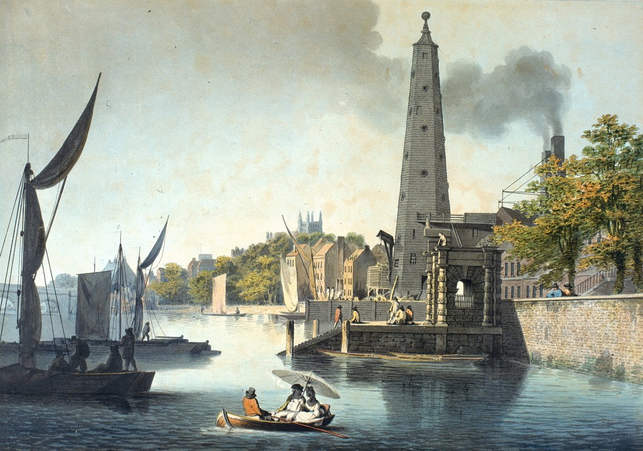 Themsen mot Westminster med York Water Gate och York Building Water Works (wc på papper) av James Malton