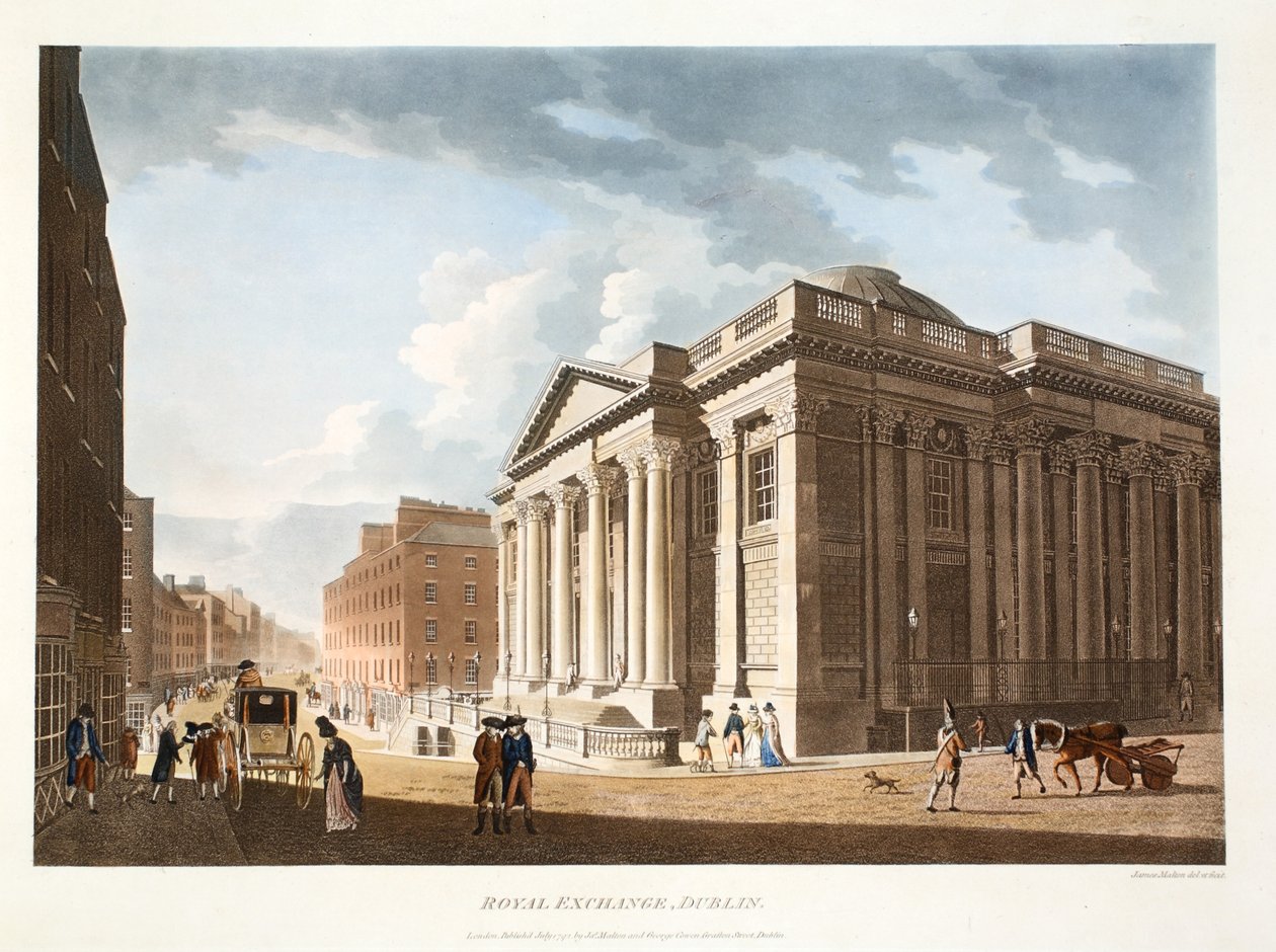 The Royal Exchange, Dublin, 1792 (handkolorerat gravyr) av James Malton