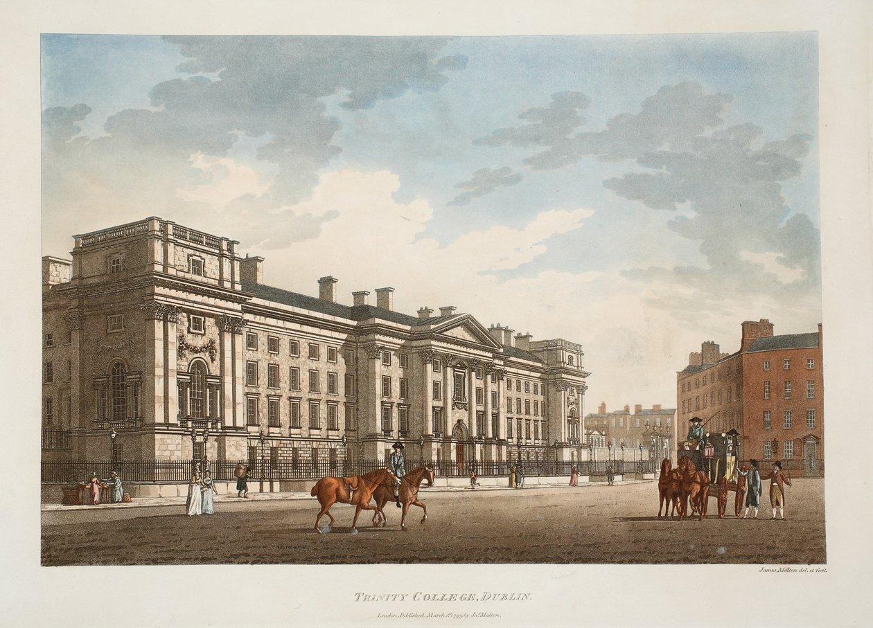Trinity College, Dublin, 1793 (handkolorerad gravyr) av James Malton