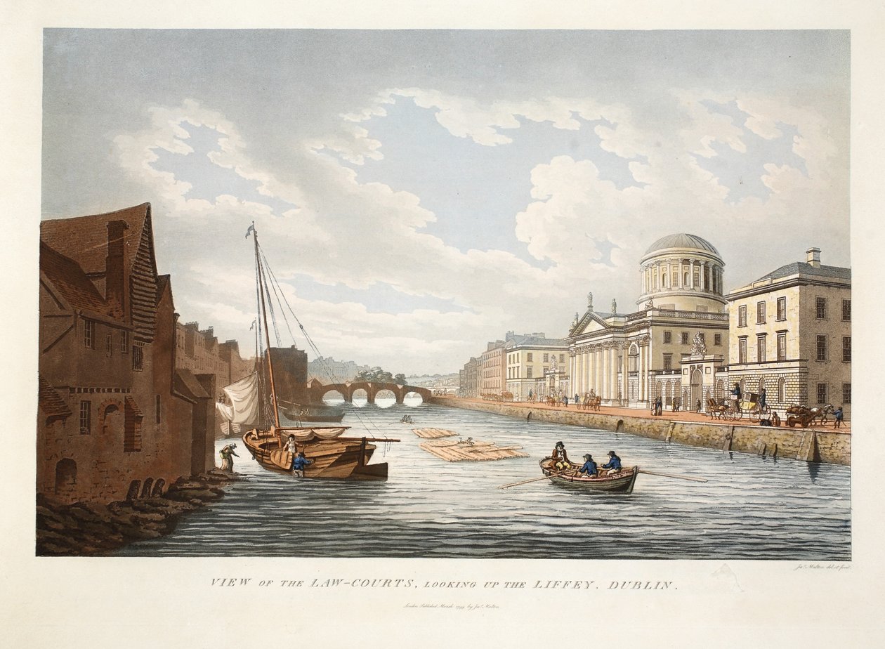 Utsikt över lagdomstolen, tittar upp i Liffey, Dublin, 1799 (handfärgad gravyr) av James Malton