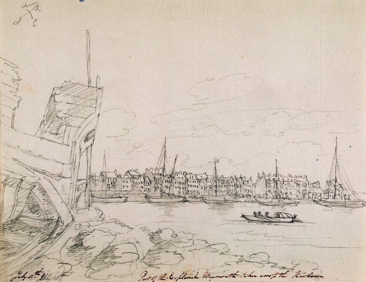 En del av Esplanaden vid Plymouth tagen över hamnen, 1791 (bläck på papper) av James Moore