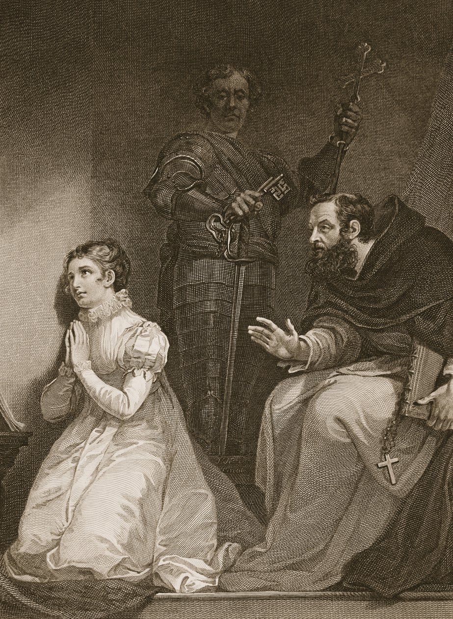 Feckenham på order av drottningen besöker Lady J. Gray i tornet, graverad av W. Bromley, illustration från David Humes 