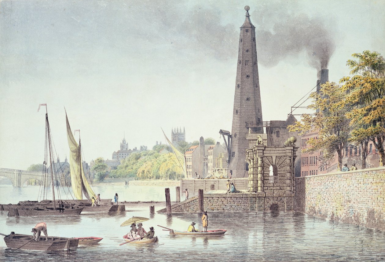 York Buildings, med utsikt mot Westminster, med utsikt över vattentornet, 1797 (färggravyr) av James Peller Malcolm