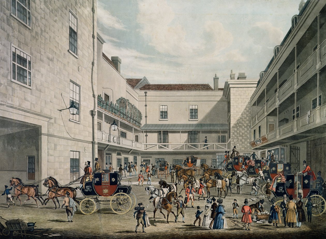 Royal Mail Coaches lämnar The Swan with Two Necks Inn, Lad Lane, graverad av F. Rosenberg, 1831 av James Pollard