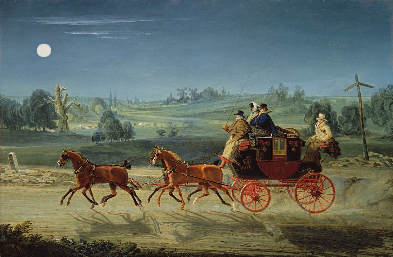 The Bath, Bristol och London Royal Mail Coach på natten av James Pollard