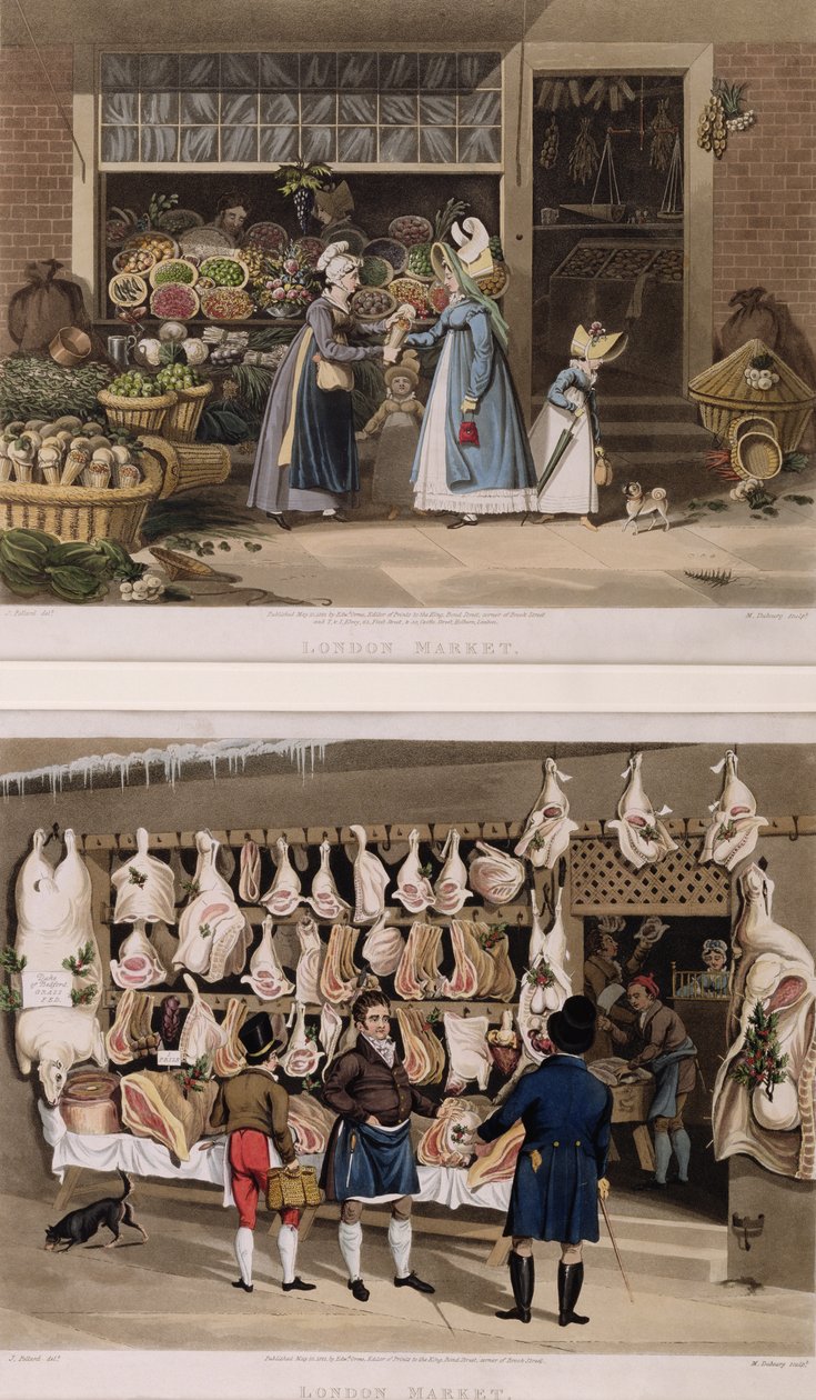 Köttståndet och fruktståndet från London Markets, graverade av M. Dubourg, 1822 av James Pollard